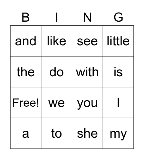 Kindergarten Sight Word Bingo Card
