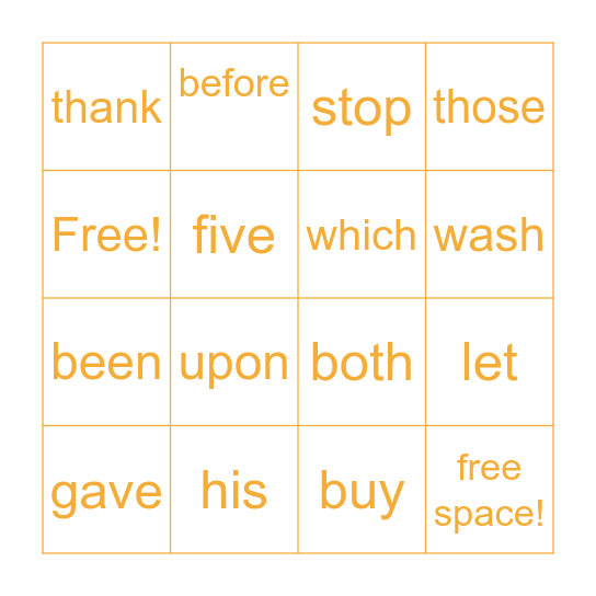 DOLCH WORDS BINGO Card