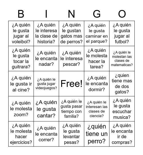 gustar y verbos como gustar Bingo Card