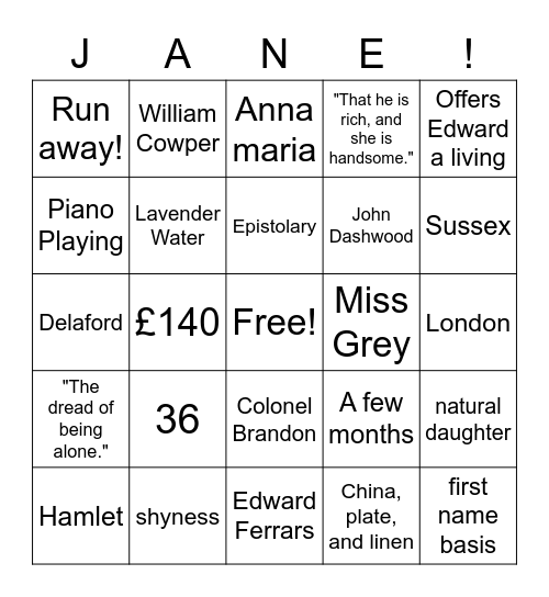 Sense and Sensibility Bingo Card