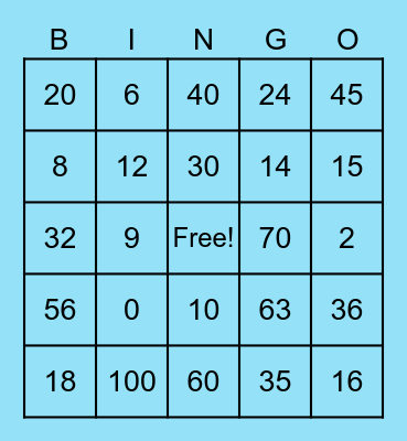 Multiplication BINGO Card