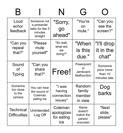 Welcome Back Bingo Card