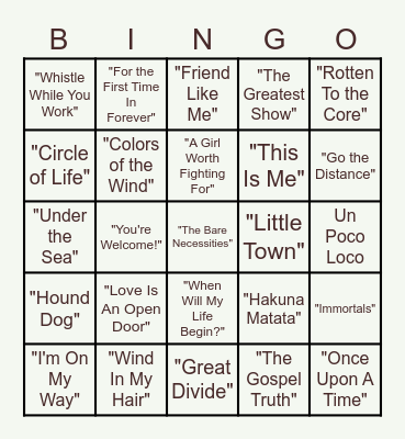Disney Music BINGO Card