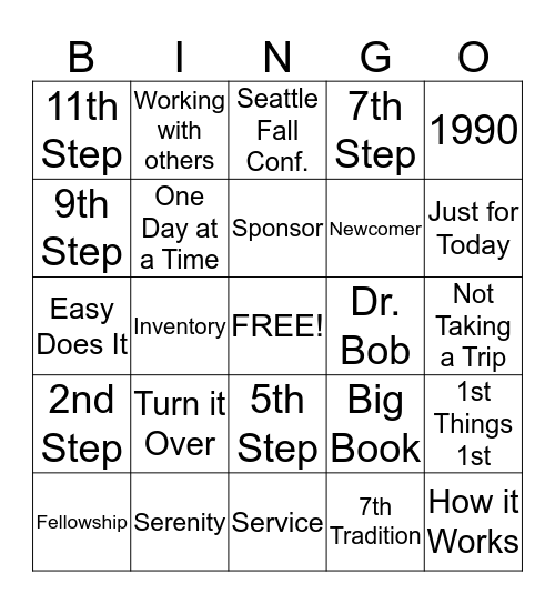 Sober Bingo Card