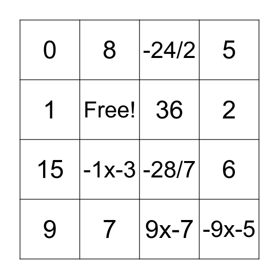 Multiplying/Dividing Integers Bingo Card