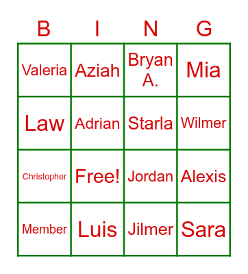 4th Period Bingo Card