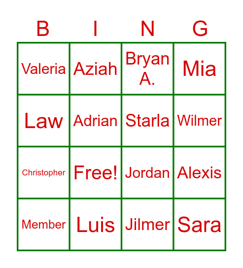 4th Period Bingo Card