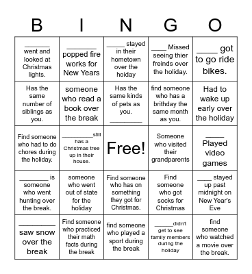 Christmas Break Bingo Card