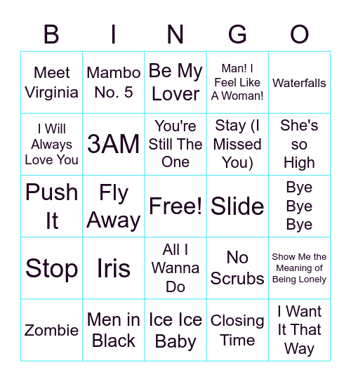 1990's Musical Bingo Card