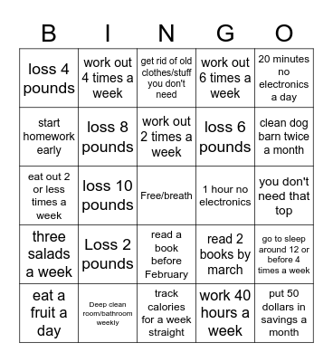 New Years Resolution bingo Card