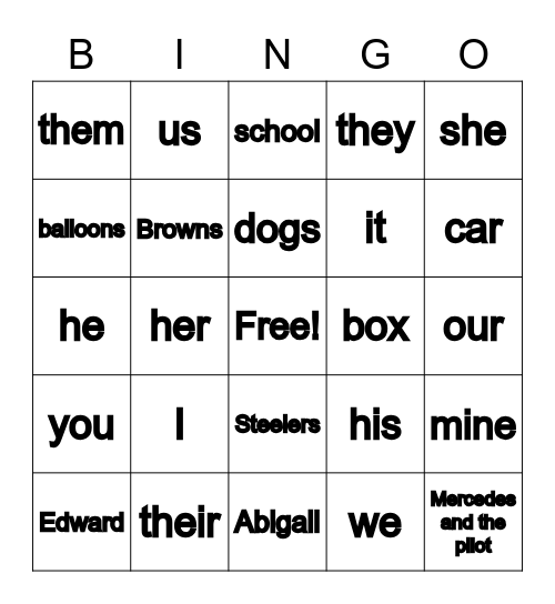 Pronouns and Antecedents Bingo Card