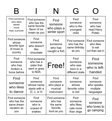 Get to Know Each Other Bingo Card