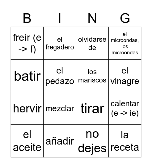 Vocabulario 7A Bingo Card