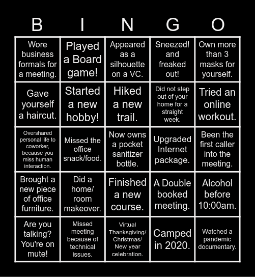 Been there Done that - WFH 2020 Edition ! Bingo Card