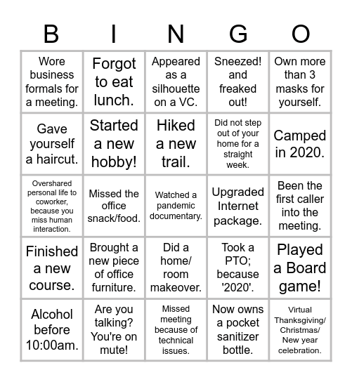 Been there Done that - WFH 2020 Edition ! Bingo Card