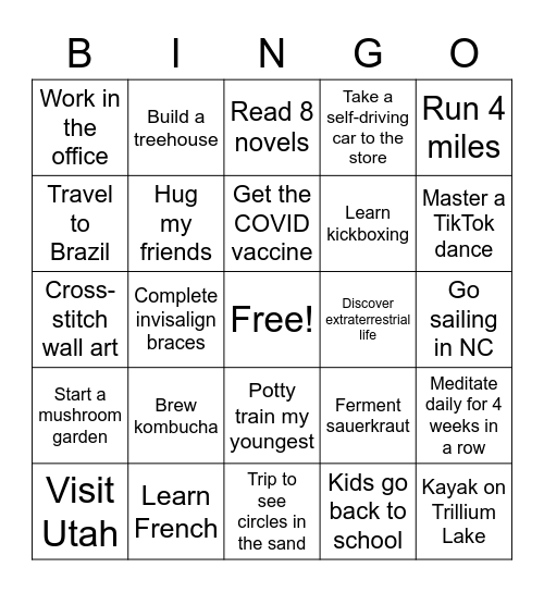 2021 Goals Bingo Card