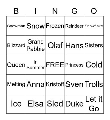 FROZEN Bingo Card