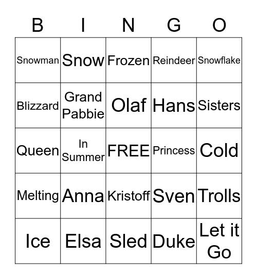 FROZEN Bingo Card