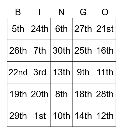 Ordinal Numbers Bingo Card