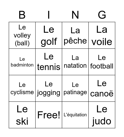 Les Sports Bingo Card