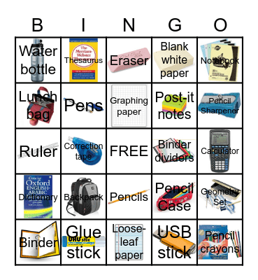 School Supply Bingo Card