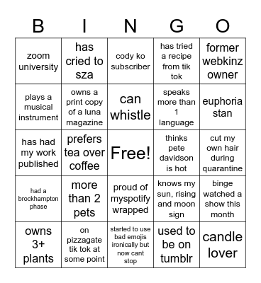 Luna Winter Orientation Bingo Card