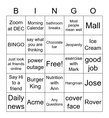 PLAN B Bingo Card