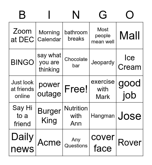 PLAN B Bingo Card