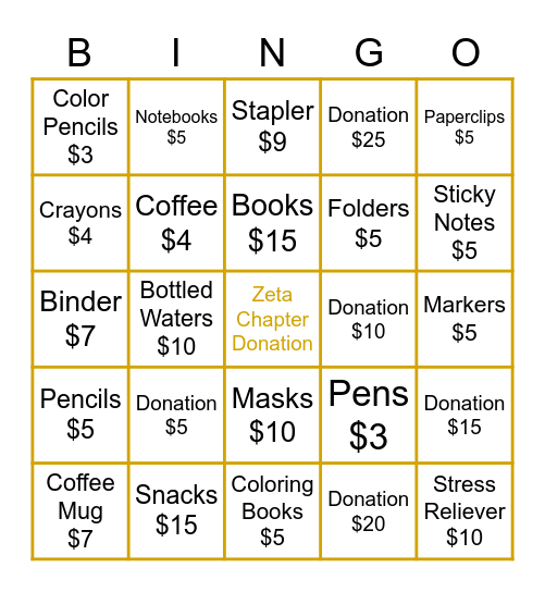 CPS Fundraiser Bingo Card