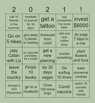 New Years Resolutions Bingo Card