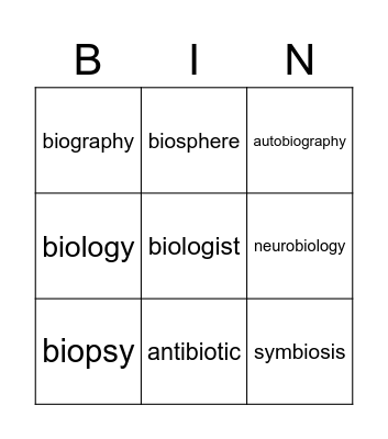 Root: bio Bingo Card