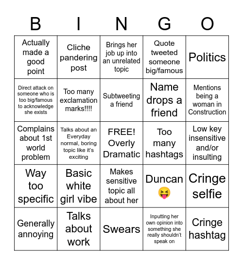 Lily Clancy Tweet Bingo Card