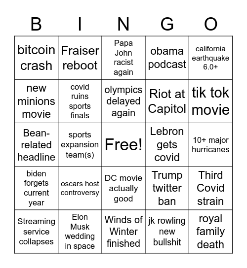 2021 Bingo Card Bingo Card