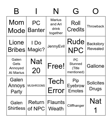 The Tabletop Tavern Bingo Card