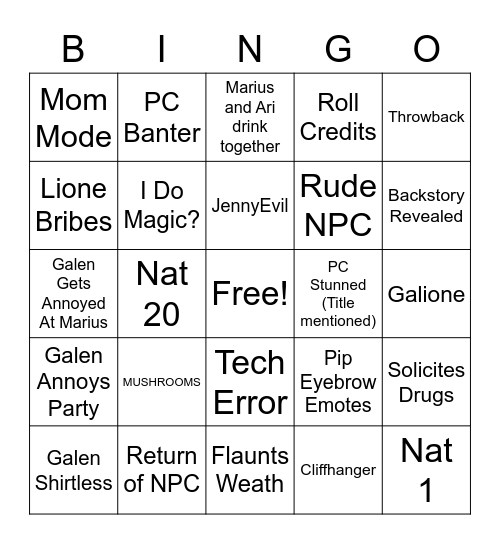 The Tabletop Tavern Bingo Card