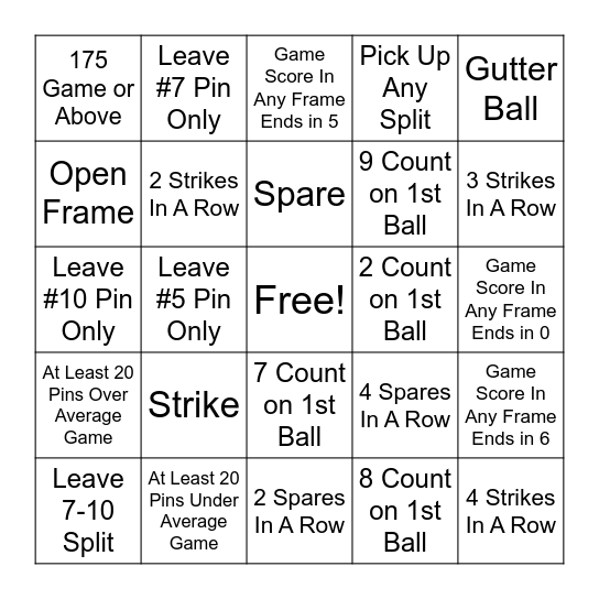 Reading Church Bowling League Bingo Card