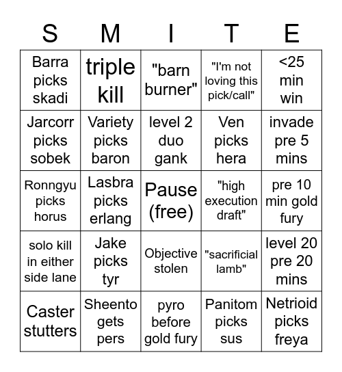 RNG vs SNG Bingo Card