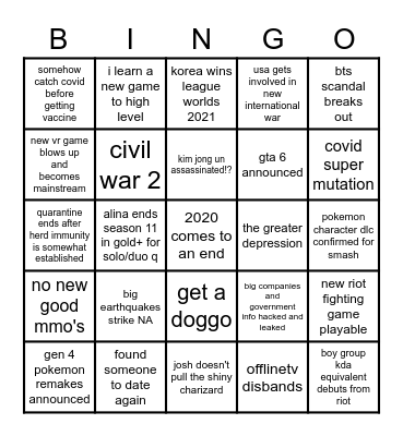 Mango's 2021 Bingo Card Bingo Card