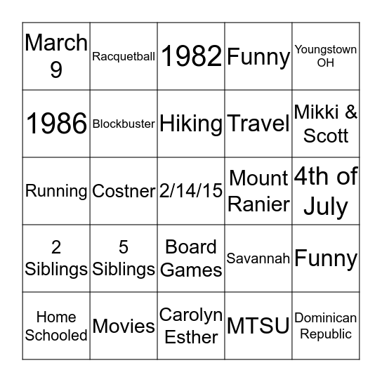 Carolyn & Davis Bingo Card