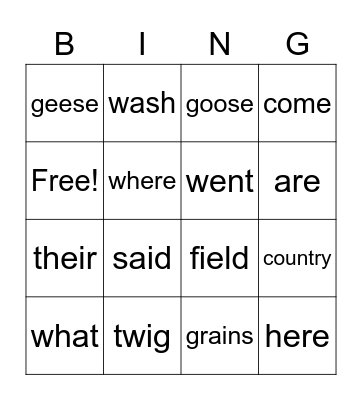 Country Animals Bingo Card