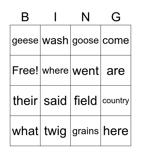 Country Animals Bingo Card