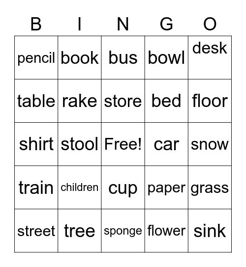 Nouns Bingo Card