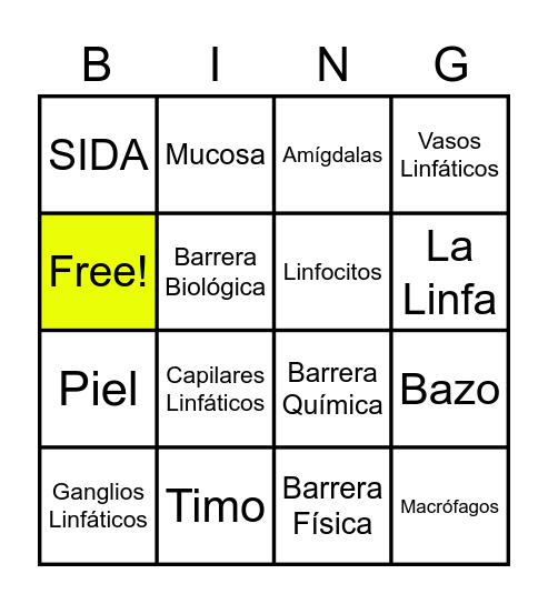 Sistema Linfático Bingo Card