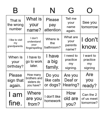 Frequent Phrases Bingo Card