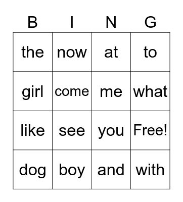 16 words Bingo Card