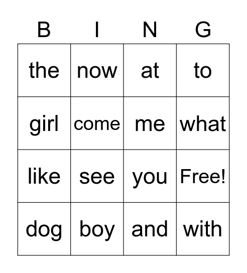 16 words Bingo Card