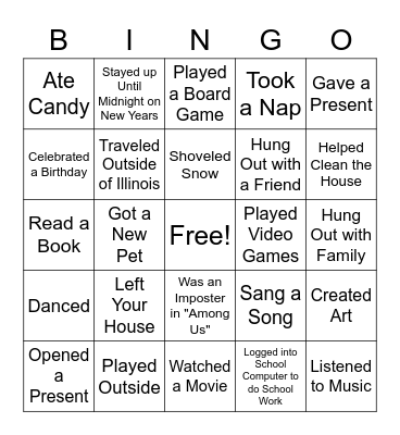 Winter Break 4/5 Bingo Card