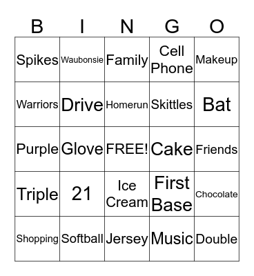 Ally's Softball Sweet Sixteen Bingo Card