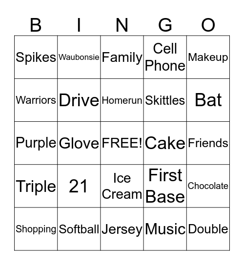 Ally's Softball Sweet Sixteen Bingo Card