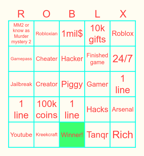 Roblox Bingo Card